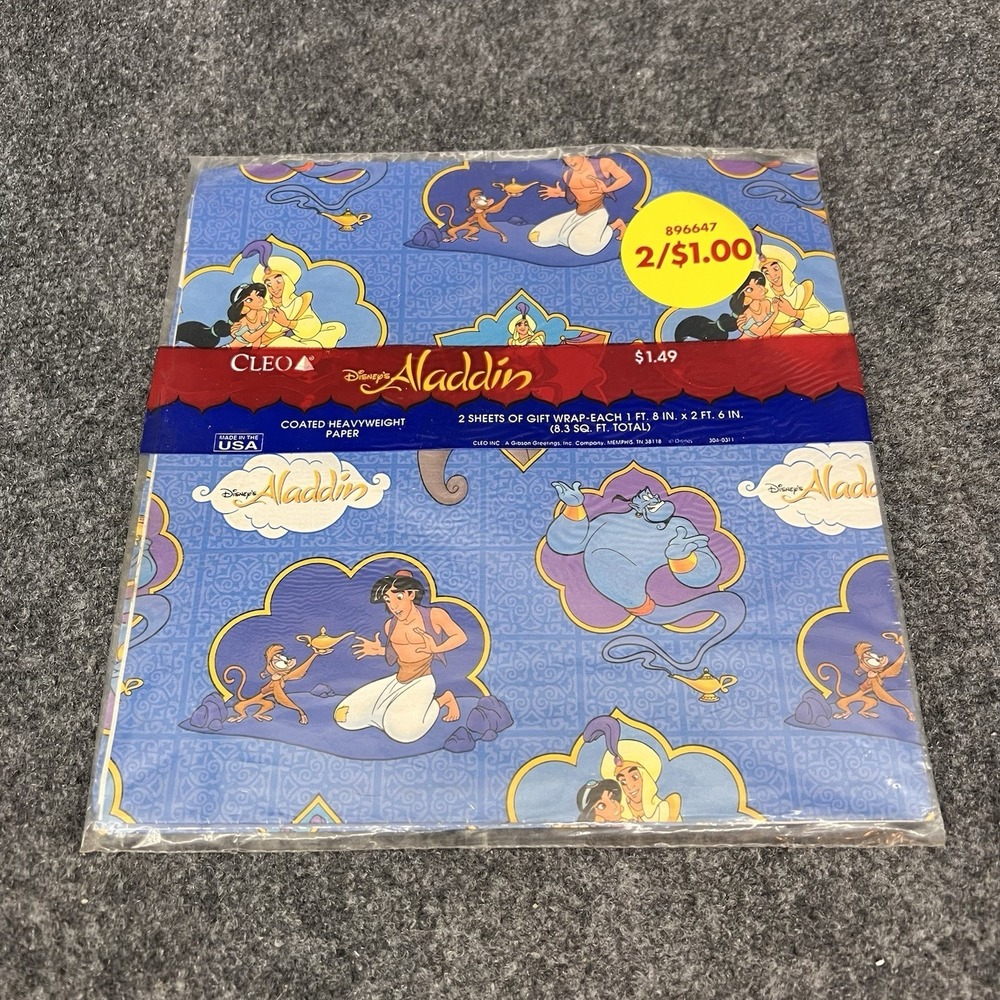 Vtg Disney Aladdin Gift Wrap Wrapping Paper Sealed 2 Sheets 1996 Made In USA
